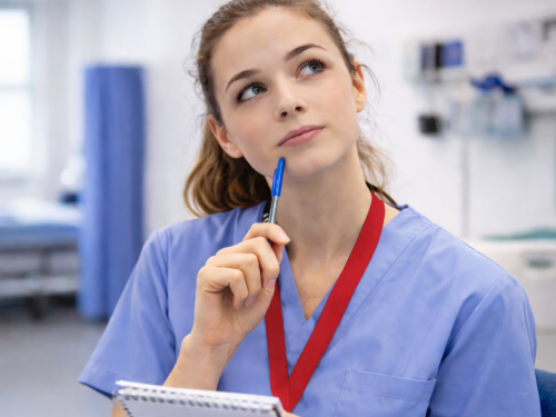 Clinician looking up thinking